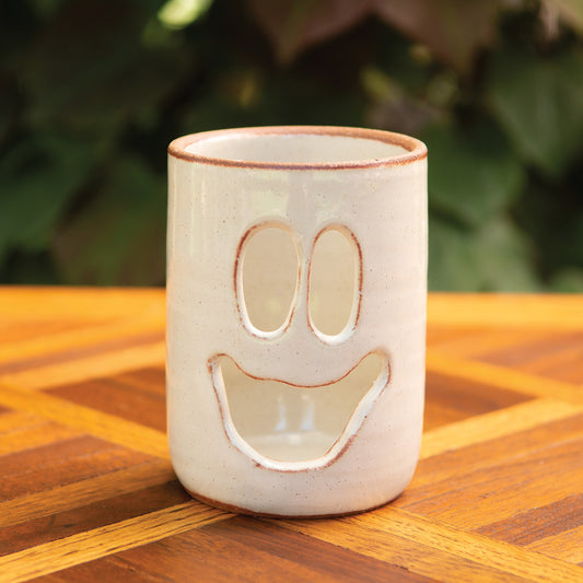 3.5” Across Happy Ghost Face Luminary Vase – Handmade Ceramic Candle Holder & Vase