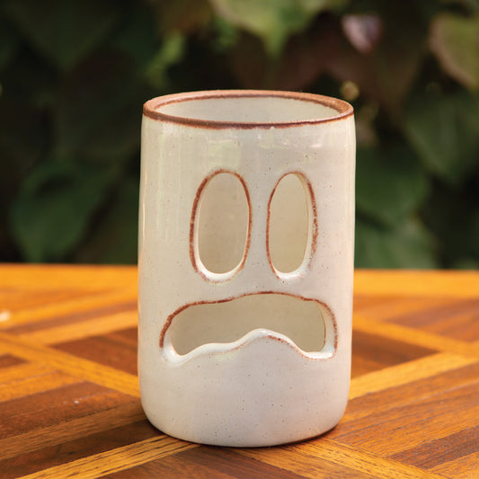 3.5” Across Scared Ghost Face Luminary Vase – Handmade Ceramic Candle Holder & Vase