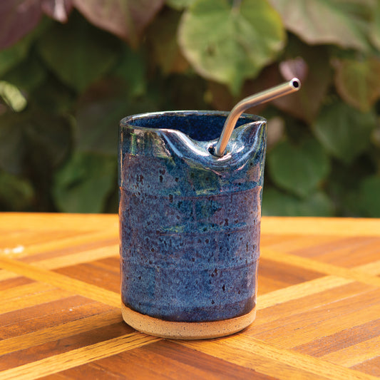 15oz Denim Blue Ribbed Straw Tumbler - With Stainless Steel Straw