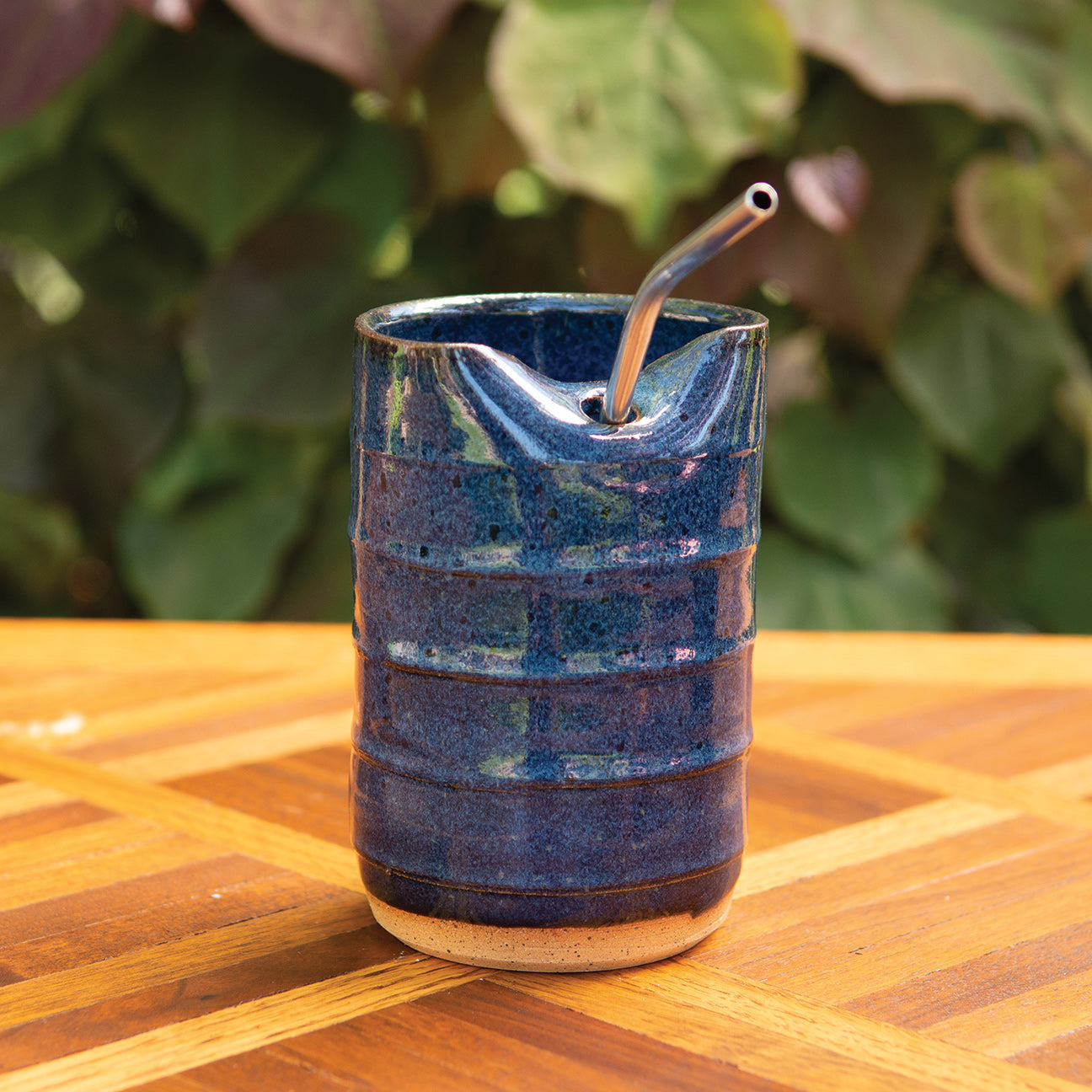 15oz Denim Blue Ribbed Straw Tumbler - With Stainless Steel Straw