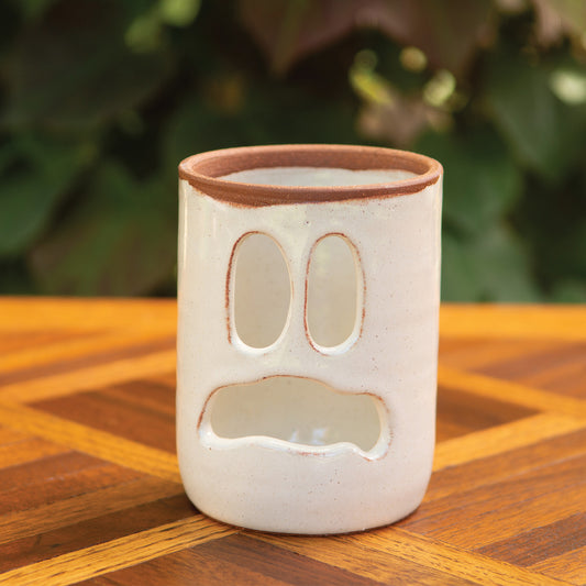 3.25” Across Scared Ghost Face Luminary Vase – Handmade Ceramic Candle Holder & Vase