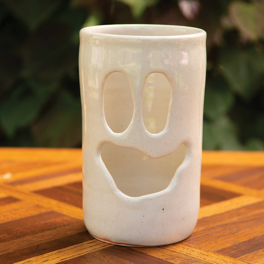 4” Across Happy Ghost Face Luminary Vase – Handmade Ceramic Candle Holder & Vase