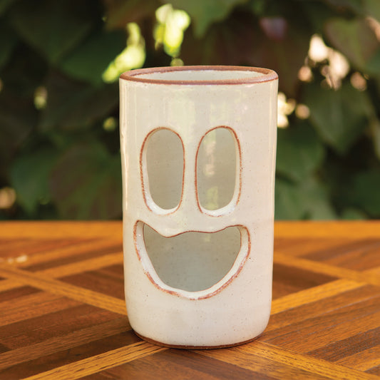 3.75” Across Happy Ghost Face Luminary Vase – Handmade Ceramic Candle Holder & Vase