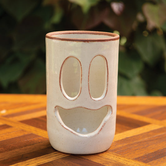 3.75” Across Happy Ghost Face Luminary Vase – Handmade Ceramic Candle Holder & Vase