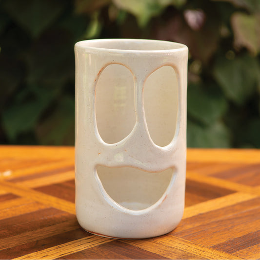 3.5” Across Happy Ghost Face Luminary Vase – Handmade Ceramic Candle Holder & Vase