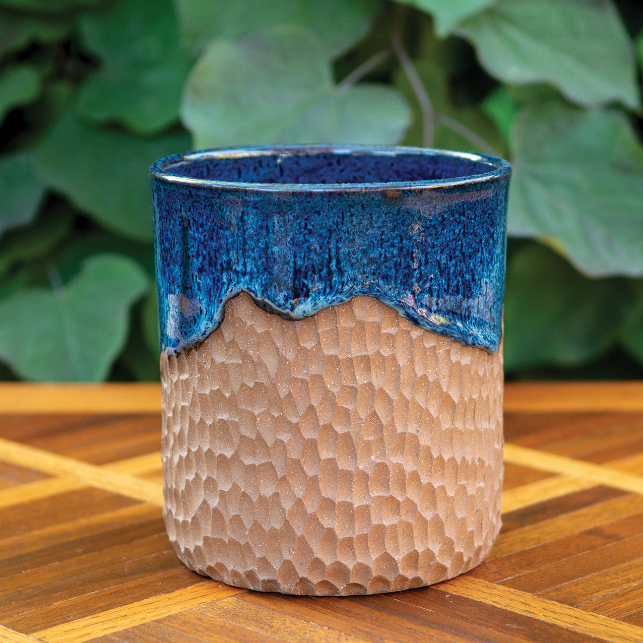 Denim on Brown Clay Carved Utensil Caddy/ Vase