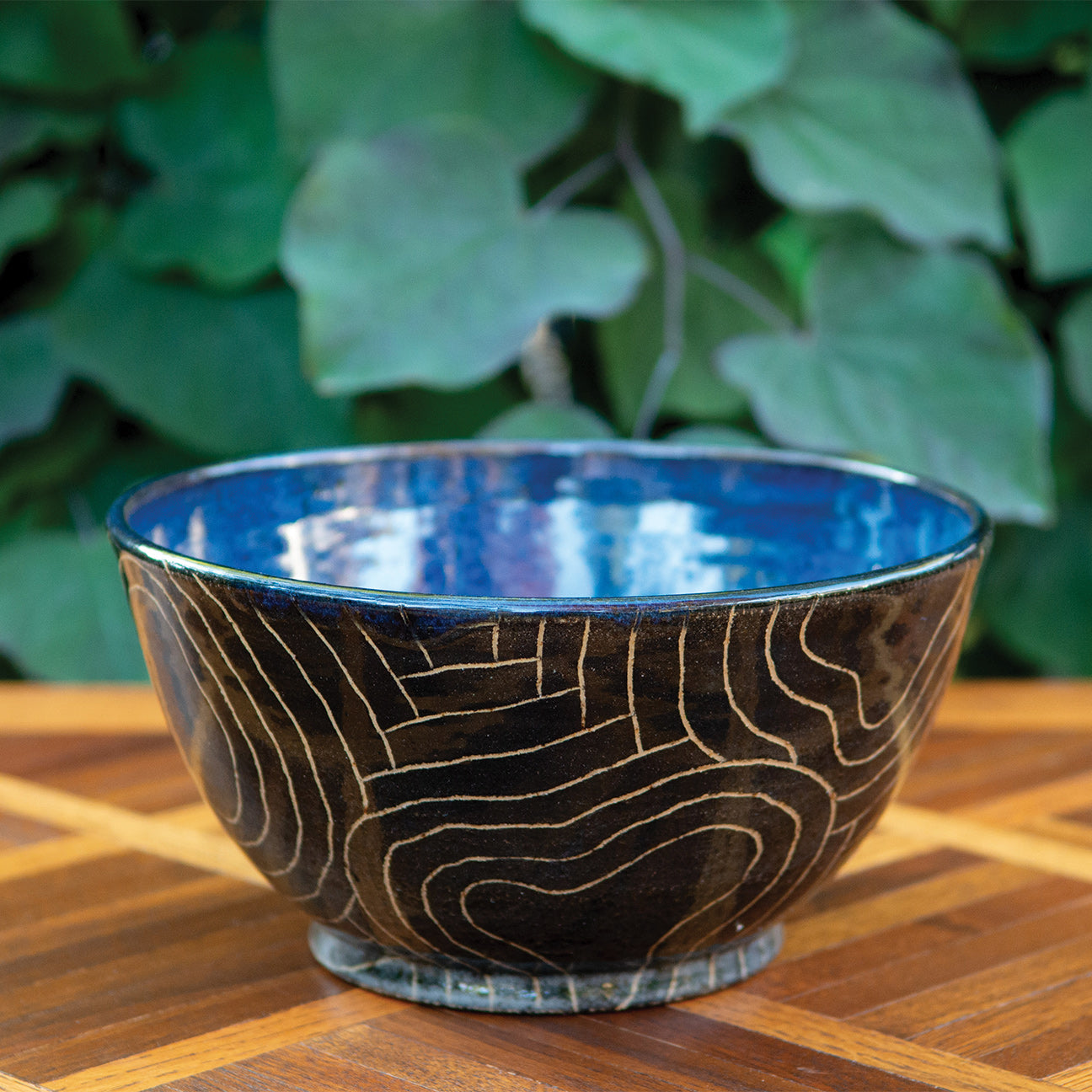 Sgraffito Swirls and Denim Serving Bowl