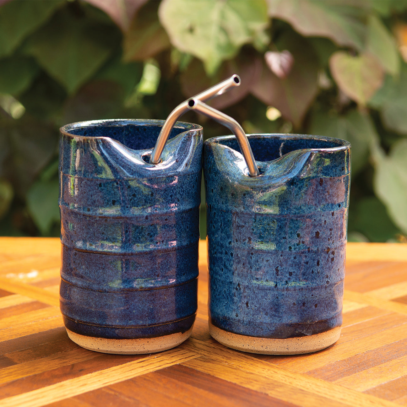15oz Denim Blue Ribbed Straw Tumbler - With Stainless Steel Straw